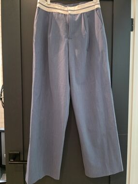 Wayf Light Blue Wide-Leg Trousers with Cream Contrast Waistband
